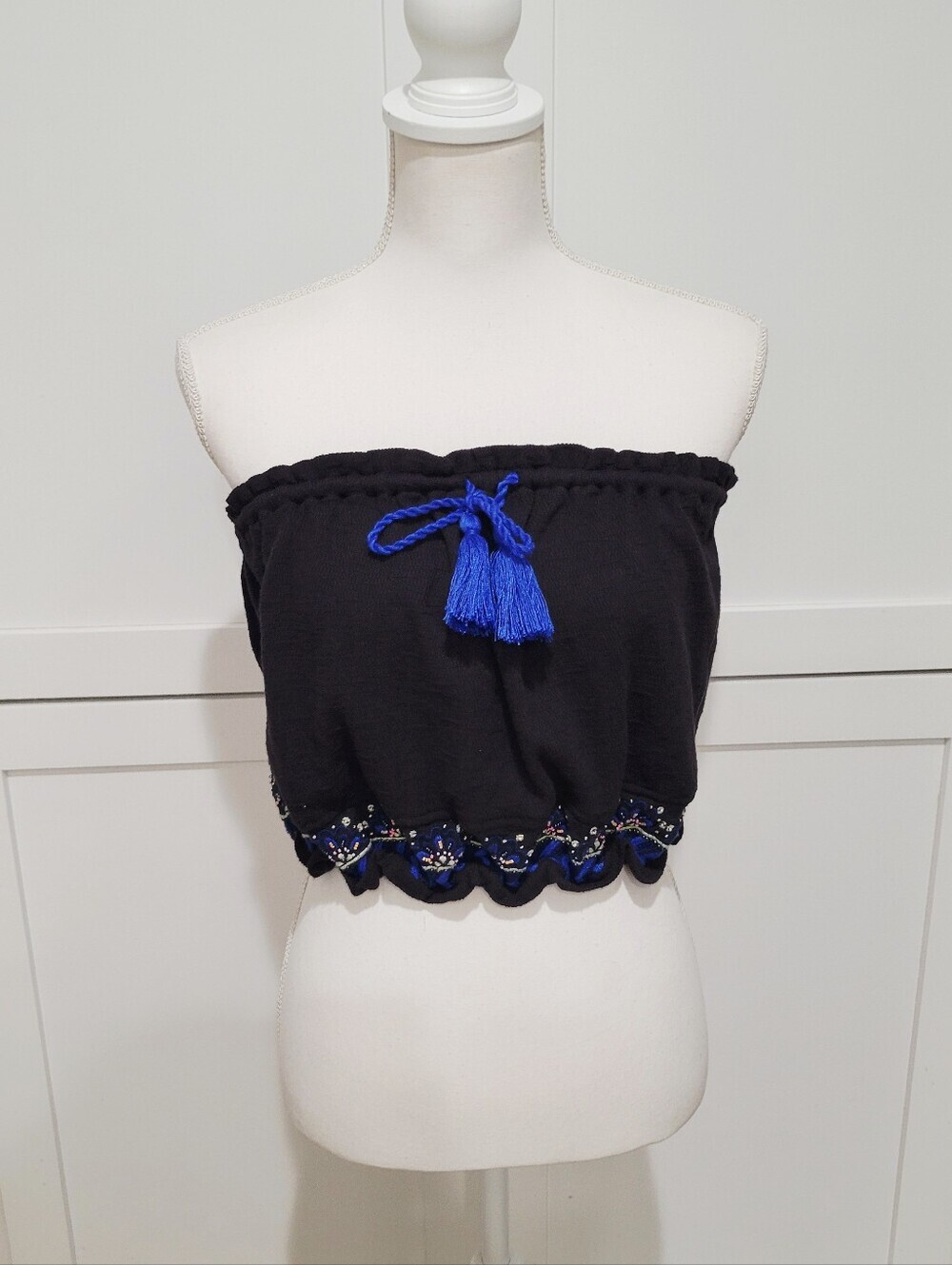 Free People Black Knit Tube Top with Blue Tassel & Embroidered Hem | Size M